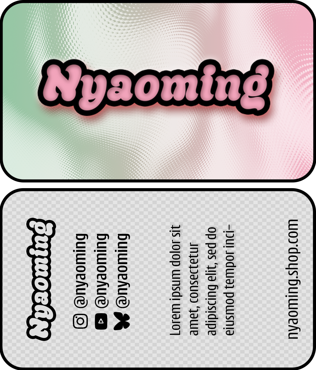Front and back side of a buisness card for Nyaoming.