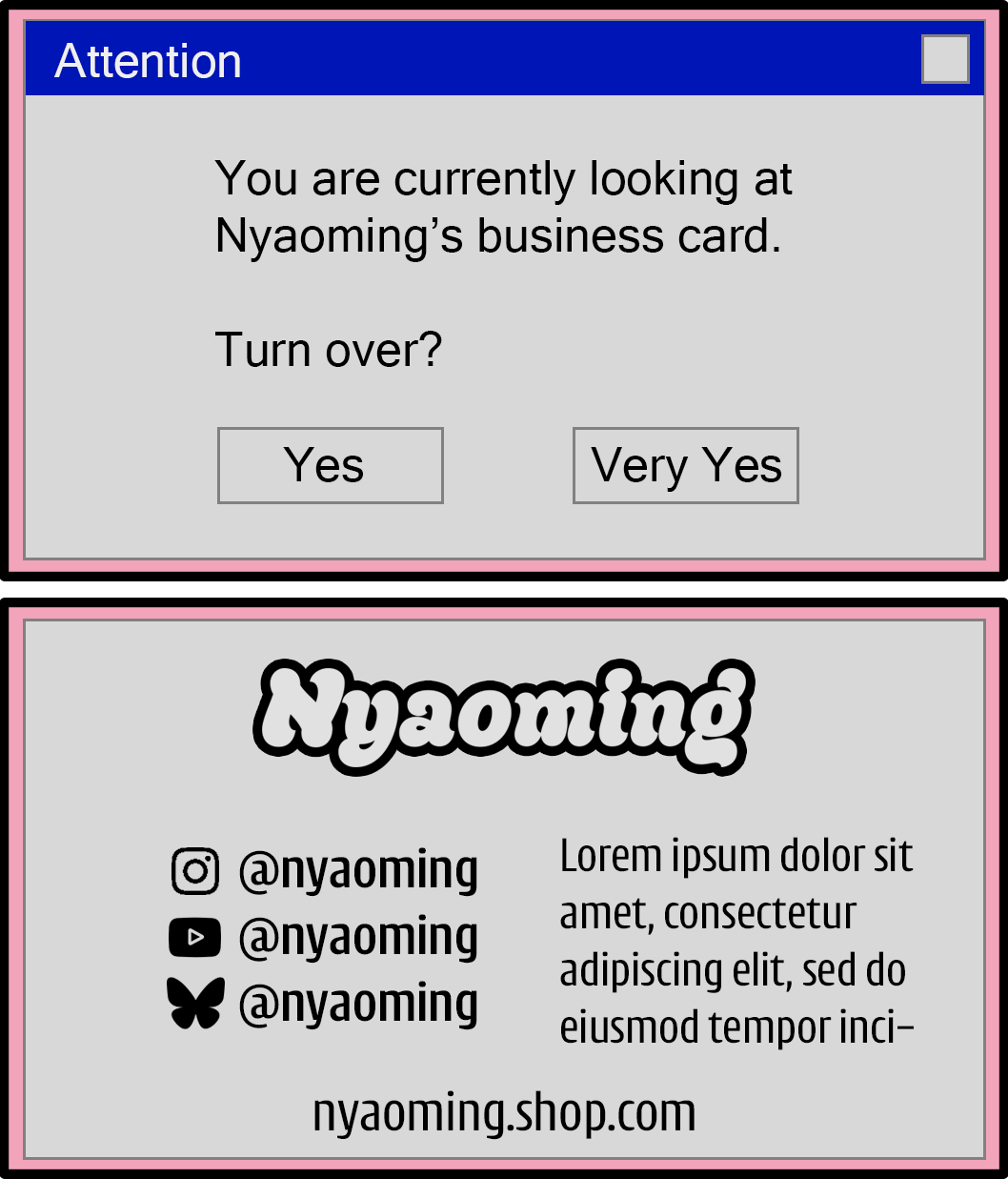 Front and back side of a buisness card for Nyaoming.