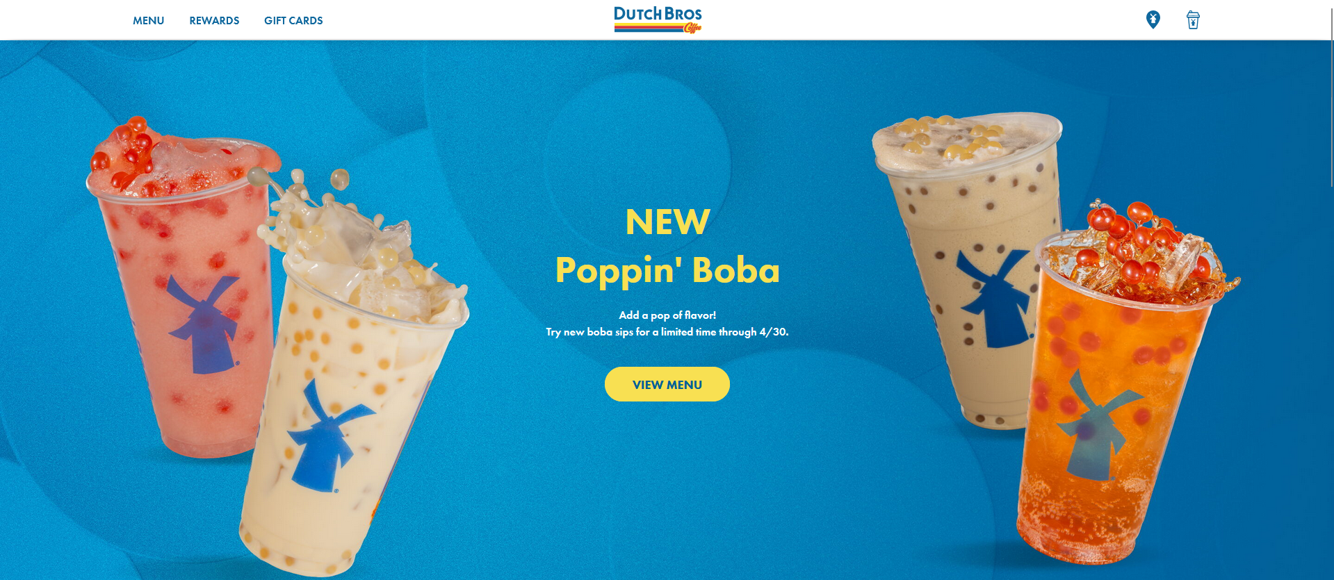 Screenshot of the original Dutch Bros website, April 2024. It features the navigation and a large picture advertising popping boba.