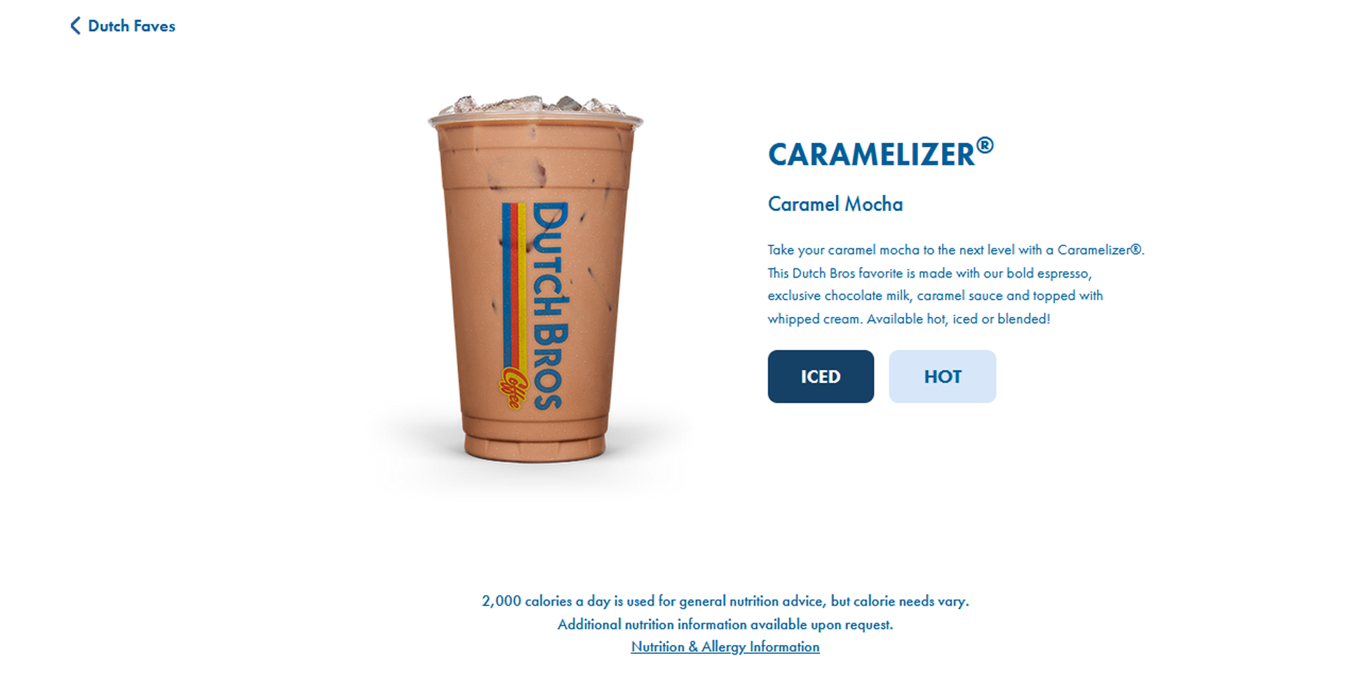 Screenshot of the original Dutch Bros website, April 2024. It features their drink the Caramelizer.